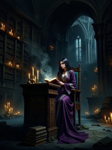 an atmospheric, highly detailed fantasy painting in the style of 17th-century oil paintings, featuring rich textures and deep shadows, inspired by classic depictions of arcane knowledge and mystical settings, 
a vertical shot capturing a beautiful sorceress, seated in an ornate, gothic-style library illuminated by the dim glow of flickering candles, she is surrounded by towering bookshelves filled with ancient tomes, alchemical ingredients, and mystical artifacts, in the center of the scene, she is deeply absorbed in reading from a mysterious, glowing grimoire resting on a heavy wooden lectern, arcane symbols glow faintly in the air around her, as if alive, in the foreground, a stack of books stands on the dark, polished stone floor, partially illuminated by the candlelight, the wooden lectern is intricately carved with magical runes and symbols, its surface worn from centuries of use, in the background, the towering bookshelves stretch up toward the high, vaulted ceiling, a faint mist hovers near the floor, adding to the eerie, arcane atmosphere, the farthest shelves are barely visible in the darkness, the sorceress is leaning slightly forward, her delicate fingers brushing over the ancient text, her eyes glow faintly, her focused expression suggests she is unraveling powerful knowledge, the energy from the grimoire subtly illuminates her face, casting her in an ethereal glow, the sorceress is beautiful and mysterious, with long flowing silky dark hair cascading down her back, her deep violet robe is adorned with silver embroidery and lined with runes that shimmer faintly, she wears an intricate amulet around her neck, her eyes are sharp and intelligent and glow with otherworldly power, her lips are slightly parted as she mouths the words of the spell, the vertical format allows for a detailed view of the towering bookshelves and high, arched ceiling, adding to the grandeur of the setting, the camera is at eye level with the sorceress, the angle is slightly tilted upward, capturing the grand, mystical atmosphere of the library, the lighting is soft, primarily from the flickering candles and the glowing grimoire, deep shadows create a sense of mystery, the ambient glow of magical symbols in the air adds a subtle otherworldly quality, the rich color palette includes deep purples, teal, golds, and dark browns, contributing to the arcane setting, the image is rendered with meticulous brushstrokes and attention to detail, the texture of the scene is rich, evoking the look of classic oil paintings, the soft, ethereal lighting contrasts with the deep shadows, enhancing the mystical atmosphere, d4artstyle, d4concept, <lora:image_enhancer-flux-by_dever:0.8> <lora:style-diablo_iv_concept_art-flux-by_chronoknight:0.6>