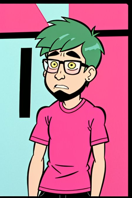 <lora:Mission_Hill_Style_-_1999-000011_11:0.95>, <lora:l_32:-0.55>, 1boy, glasses, beard, unhappy, missing tooth, messy, pink shirt, <lora:LCM_SD15:1.0>