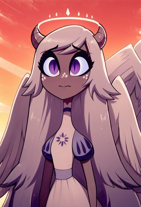 score_9, score_8up, score_7up, 1girl, solo, angel, colored skin, Emily, grey skin, lavender sclera, long hair, closed mouth, petite, smile, very long hair, white dress, white stockings, light blue ballet flats, white hair, purple eyes, slit pupils, grey angel wings, ram horns, devil tail, red sky, dark clouds, dust debris, standing, sad, worried, nervous, front view, looking up,