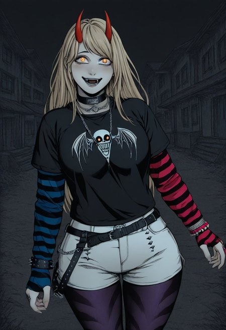 masterpiece, best quality, outdoors, greyscale, hatching (texture), linear hatching, wide hips, athletic, looking at viewer, sexy standing, rawr pose, long hair, night bedroom goth creepy, open mouth fangs, crazy eyes, crazy face, 1girl, solo, power woman, rosy cheeks, blond hair, red horns, yellow eyes, cross-shaped pupils, black collar, necklace, black shirt, striped sleeves, mismatched sleeves, blue sleeve, pink sleeve, fingerless gloves, fingerless gloves, striped gloves, bracelet, ring, black belt, multiple belts, white shorts, purple pantyhose, pantyhose under shorts