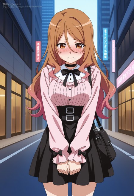 1girl,solo, long hair, gradient hair, brown hair, pink hair,brown eyes, hair between eyes, medium breasts, 
official_art, anime coloring,
jirai kei, v arms, shoulder bag, embarrassed, looking down, standing, cowboy shot, city, street,
,masterpiece,best quality,amazing quality,
 <lora:NoobV065sHyperDmd:.5> <lora:quele_sellier_meipaws:.9>