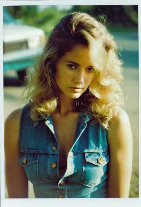A photorealistic portrait of a young woman in the 1970s, captured on Kodachrome film. She stands outdoors with her head slightly tilted down, wearing a thoughtful, serene expression. 