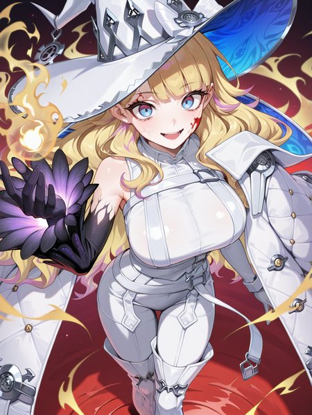 diabellze the original sinkeeper, 1girl, solo, looking at viewer, large breasts, open mouth, smile, white witch hat, white bodysuit, white coat, white thigh boots, single purple elbow glove, blood on face, veiny face, from above, yellow ghost fire
masterpiece,best quality,amazing quality,very aesthetic,absurdres,newest,<lora:diabellstar the black witch and original sinkeeper illuXL v1.2:0.8>,