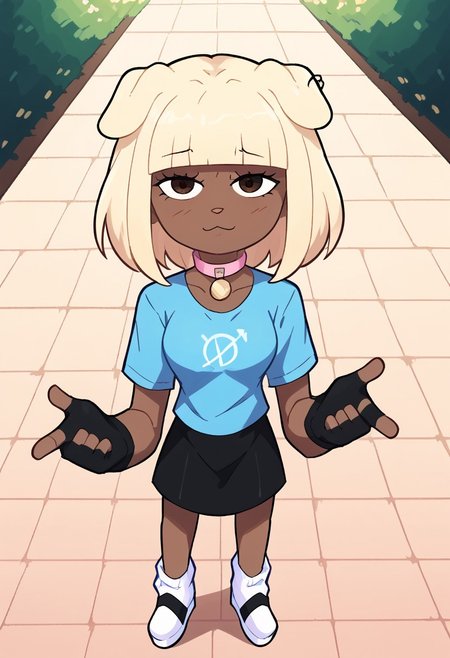 score_9, score_8_up, score_7_up, source anime,
masterpiece, best quality, detailed, amazing quality,
detailed background, bedroom, park, flowers,
detailed eyes, clean eyes,
dynamic pose, from above, 
1woman, woman,
easynegative, 
doribun, blonde hair, medium hair, blunt bangs, dark skin, dog ears, Blue shirt, White symbol, black skirt, white socks, white shoes, fingerless gloves, black gloves, pink collar,
