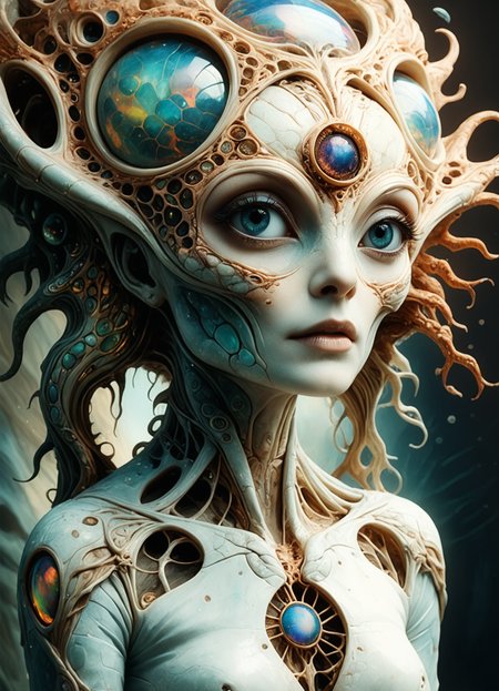 Surrealism, (Ombre color scheme of white ,opal ,iridescent ) Very beautiful alien-woman <lora:envyStarlight_v10:0.8> <lora:dvr-cl-dvsn:0.35> dvr-cl-dvsn <lora:Happy_World:0.45> <lora:TheWeirdies:0.8> TheWeirdies, expressive, dramatic, organic lines and forms, dreamlike and mysterious, Surrealism