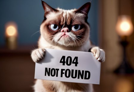 cinematic film still Scene from a horror movie, Grumpy cat holding up a sign,  saying "404 Not Found",  <lora:BetterTextRedmond:1.0>, shallow depth of field, vignette, highly detailed, high budget Hollywood film, bokeh, cinemascope, moody, epic, gorgeous, film grain