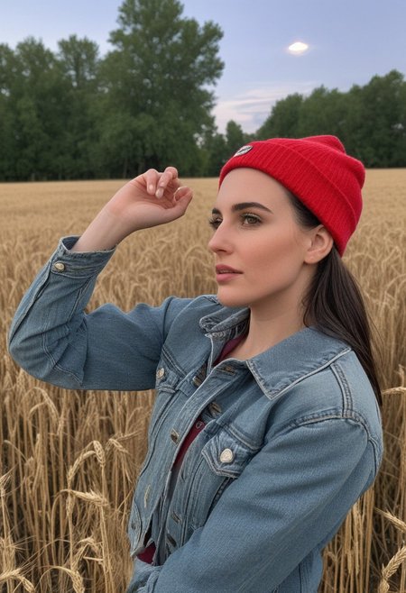 30yo american woman in a wheat field
Small eyes. Brown eyes.
Wearing ripped Denim jacket red hat
no makeup. Clear skin.  realistic skin style
Long dark black slick back hair. No makeup. Dusk, Street light. Looking at camera POV. Slight smile, tilting head.. Tilt head. Hands in head, face, lips.
Medium Close Up shot. Bokeh. Bokeh light.