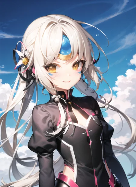 <lora:eve2-000008:1>, eve1, upper body, smile, outdoors, simple background, sky, day,