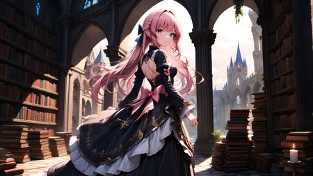 dynamic angle,from_side,<lora:hakaseayaka-base-02-XL:0.6>,hakaseayaka,braided hair,bangs,high detailed,ultra-detailed,a magical girl wearing a red and black robe,with pink long hair and blue eyes,touch the books,raise one hand,searching for books inside a vast,dark,ancient castle library,8k,towering bookshelves filled with old,dusty tomes,dim candlelight casting flickering shadows,glowing magical runes floating in the air,mysterious mist creeping along the stone floor,gothic arches,enchanted atmosphere,focused expression,scattered ancient scrolls,faint glimmers of light reflecting off metallic book spinesCinematic Lighting,((masterpiece)),((best quality)),absurdres,<lora:detailed_notrigger:1>,<lora:xl_more_art-full_v1:0.8>,