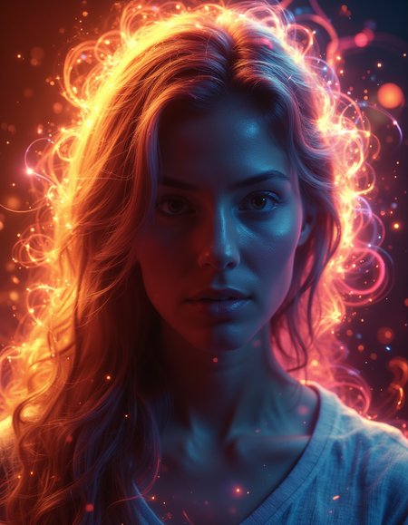 <lora:aura_v2_beta2:1>,auralora,the image features a woman with long hair. She has a determined expression on her face and is surrounded by a halo of bright light with intricate,colorful glow.,