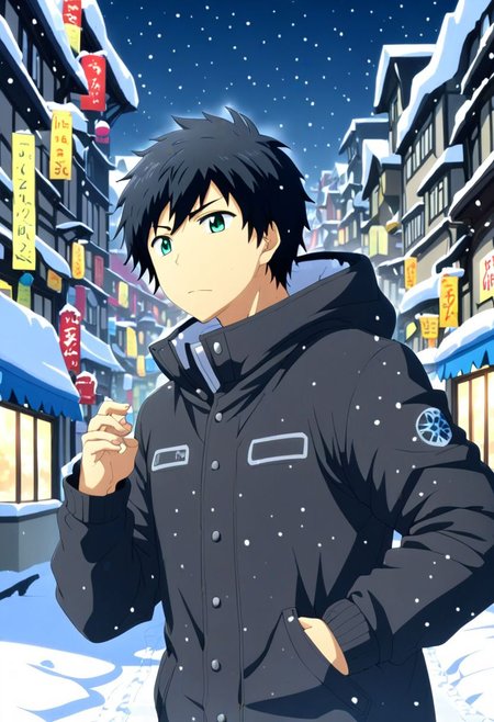 high resolution, solo, best quality, 1Boy, Arata Kaizaki, Black Hair, chilling, snow town, winter jacket, OverallDetail