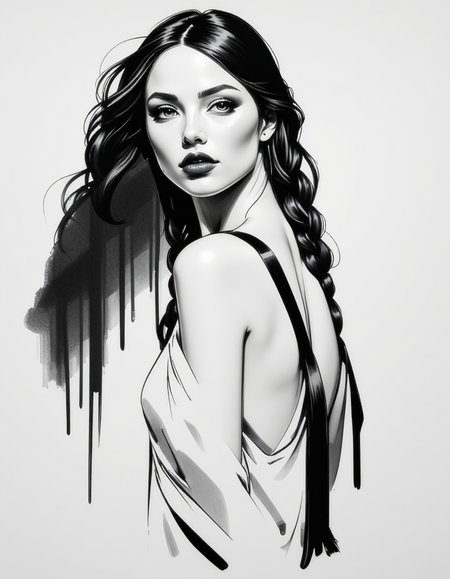 zavy-fnrt , This is a highly detailed, hyper-realistic black and white drawing of a young woman with a striking expression. She has a fair complexion, long, wavy hair styled in two braids that fall over her shoulders, and dark, expressive eyes that gaze directly at the viewer. Her lips are full and painted in a deep, rich shade of red, adding a dramatic contrast to the monochromatic background. She is partially draped in a loose, flowing garment that is rendered with soft, feathery strokes, giving it a delicate, almost ethereal texture. Her physique is slender, and she is posed in a three-quarter view, turning her head slightly to the left. The background is minimalistic and abstract, consisting of soft, smudged lines and gradients that emphasize the subject without distracting from her features. The overall style of the drawing is highly realistic, with meticulous attention to detail in the textures and shadows, creating a sense of depth and realism. The image conveys a sense of intimacy and sensualism. <lora:ck-greasepencil__:1> <lora:Add_More_details_Flux:1>
