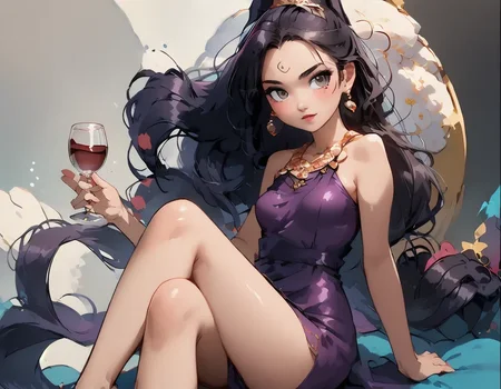 score_9_up, score_9, score_8_up, score_7_up, rating_explicit, 1girl, sexy 18 year old female, tight butt, short, small breasts, petite body, g0thicPXL, bedroom, elegant purple dress, holding a glass of wine, glass of burgundy wine, sipping on wine, jewelry, eyeshadow, mascara, lipstick, blushing, sitting, legs crossed, Hakufu Sonsaku, Long, flowing black hair with loose, natural waves, Striking eyes (often depicted as green or blue), Fair, youthful skin, Revealing, low-cut battle attire with traditional motifs, Minimal clothing style emphasizing her energetic nature, Dynamic and spirited presence, Bold design with minimal accessories,