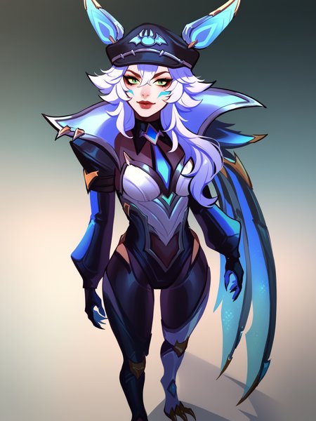 score_9, score_8_up, score_7_up, BREAK, XayahBB, 1girl, solo, long blue hair, black hat, long blue ears, high blue collar, armor, blue cape, black gloves, black and white pants, claws on feet, blue daggers  <lora:XayahBB:1>