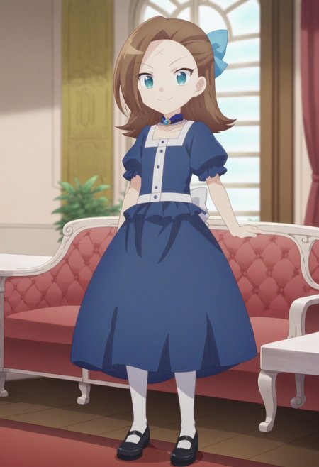 score_9, score_8_up, score_7_up, score_6_up, score_5_up, score_4_up , anime coloring ,BREAK source_anime, anime,screencap,
1girl, solo, katc, forehead mark, blueoutfit, blue dress, blue hair bow, white socks, black mary janes, blue choker, white waist band,  <lora:PonyXL Young Catarina V2:1>
indoors,
smile, looking at viewer,