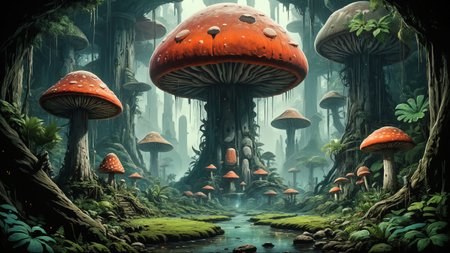 alien landscape, Giant mushrooms towering like colossal pillars, Crystal-clear river winding through lush jungle , alien flora, Candlelight, <lora:Ive_Got_The_Power:0.8>, <lora:Graffiti_SDXL:0.5> ais-graffiti, <lora:add-detail-xl:0.4>
