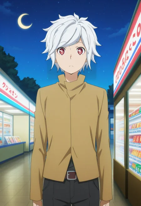 masterpiece, best quality, , anime screencap, anime coloring, official style, , 1boy, solo, male focus, <lora:bell_cranel_ilxl:0.96>, bell_cranel, white hair, red eyes, short hair, cowboy shot, store, convenience store, night, crescent moon, arms at sides, sparkling eyes,
