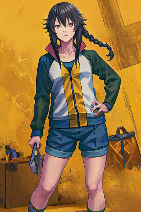 Chiemi Serizawa, black hair, blunt bangs, braided hair, brown eyes, yellow shirt, green coat, blue patch, denim shorts,, boots, yellow shirt, tracksuit