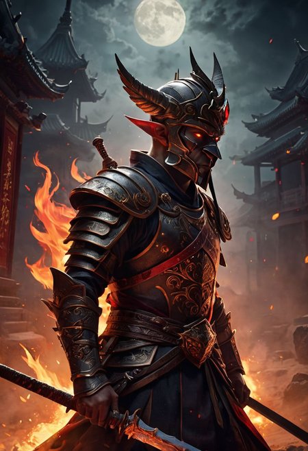 4k, high resolution, best quality, perfect colors, perfect shadows, perfect lighting, final showdown super illustration extremely detail, story of the brave, dark sky, false glory, supernatural existence, even if all hope is lost, seek more power, stepping on countless corpses and shouldering the burden of guilt, darkness of night fall, demon inside, all range, blood burning, blood moon, moonlight signpost with run through, wipe away the pain and sadness, until we tear apart the darkness and bring light, stir up blood, to weave hope, determined eyes, scary old face, stunning elaborate wand, following the scars, firelight scattered, in light and shadow, beautiful detail, heat haze in light and shadow, fiery, fire blazed on the ground, shed tears of fate, bloody road, fleeting prayer that scatters, until the afterlife, feel the last time, heartbeat double exposure, an impending strong enemy, goblin, hairless, wearing a crown, wearing samurai armor, oil painting, fantasy, digital art, highly detailed, overall detail, atmospheric lighting, Awash in a haze of light leaks reminiscent of film photography,  awesome background, highly detailed styling, intricate details, highly detailed, cinematic, Chinese kingdom