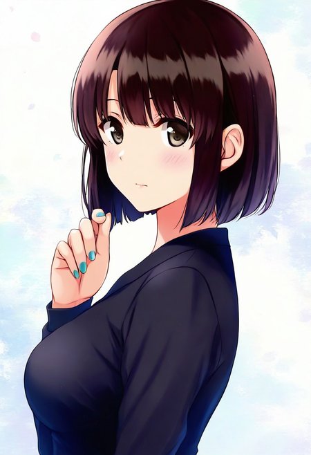1girl, katou megumi, megumi katou, Megumi <lora:KatoMegumi:1>,brown hair,katou megumi,brown eyes, medium breasts , short hair, masterpiece, best quality,solo,looking at viewer,nail polish,upper body,aqua nails,abstract background,long sleeves,green nails,from side,shirt,closed mouth,hand up,<lora:焦茶_XL:0.8>,