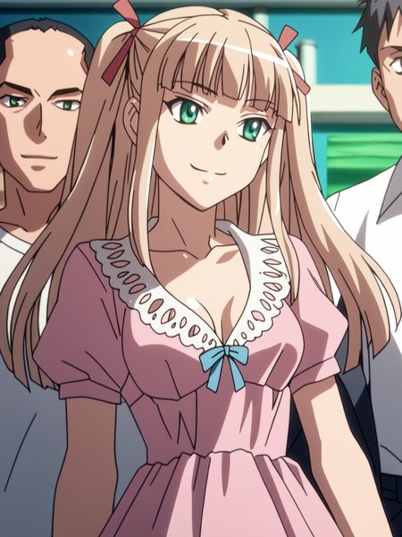<lora:happy_tentacle-katakura-v0.2-000021:1>, ht_katakura, two side up, hair ribbon, green eyes, medium breasts, pink dress, collared dress, lace-trimmed collar, , cowboy shot, 1girl, (petite:1.2), solo focus, smile, , (looking away:1.1), indoors, underwear only, (fishnets:1.2) , , (depth of field:0.8), , score_9, score_8_up, score_7_up, score_6_up, score_5_up, score_4_up,