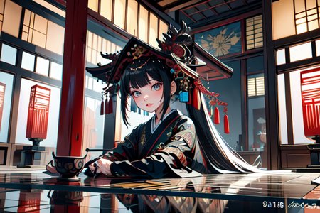highly insanely detailed, masterpiece, top quality, best quality, highres, 4k, 8k, RAW photo, (very aesthetic, beautiful and aesthetic),  
(code_style,codestyle),english text,japanese text,(sympattern,geometric pattern), 
<lora:CodeStyle (half generic class)_564920:0.5>, 
(1girl:1.3), 1other, 
east_asian_architecture,east asian architecture,âââ
