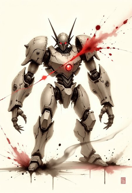 traditional japanese art style, ink on paper, wabi-sabi, henna and carmine, sepia, BREAK, image of battle-damaged robot, minimal brush strokes, Inkwashara