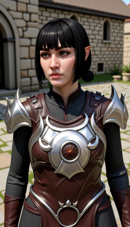 a sh4d0wh34rt female character.  This is a high-resolution digital image in fantasy style, depicting young woman with pale, fair complexion and straight black hair styled short bob bangs. She wears detailed, ornate suit of armor that appears to be crafted from mix metal leather. The features intricate, silver designs central circular emblem has sunburst pattern, the shoulders are adorned metallic, angular plates add sense strength protection. also includes metallic collar delicate, design at back her neck.
The background reveals stone building aged, weathered walls, suggesting medieval or setting. ground covered mixture tiles patches grass, adding rustic ambiance. lighting natural, casting soft shadows emphasize textures giving realistic detailed appearance. overall atmosphere one adventure readiness, woman's serious expression reflecting determined focused demeanor. signed "Fairy Tail V" top right corner, indicating series game which it originates.