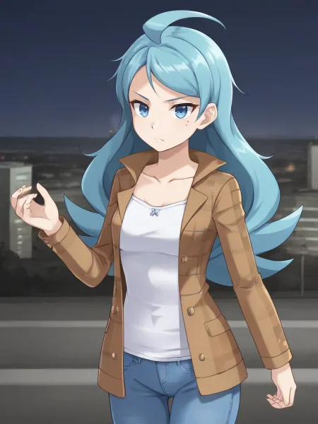 <lora:kahilitsukishiro:0.8>
1girl, solo, kahiligolf, blue hair, long hair, flipped hair, swept bangs, ahoge, blue eyes, mole under eye, brown jacket, plaid jacket, long sleeves, white shirt, collarbone, open clothes, blue pants, jeans, outdoors, city, night, standing, serious,