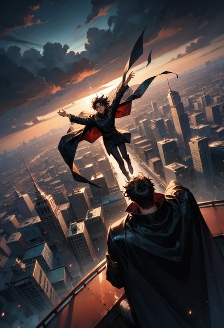 (score_9, score_8_up), score_7_up, 2boys, long black coat, tears, black hair, eyelashes, water droplets, cityscape, from above, high above, falling down, arms out, floating black cape, floating hair, falling,  dynamic, dutch angle, blurry background, depth of field, DOF, red theme, night sky, gritty, dark lighting, cloudy, sparkles, chaotic, Cinematic quality rendering, Dynamic composition
<lora:DetailedEyes_V3:0.5> <lora:add-detail-xl:0.5>
