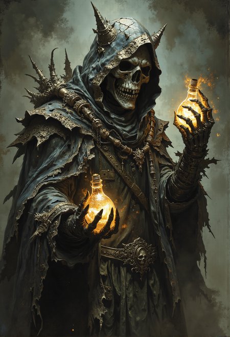 Plague doctor, cracked mask, tattered cloak, glowing vials, skeletal fingers <lora:FredFraiStyle-FLUX-Share.safetensors:0.25>,  <lora:Magic_of_Art_\(FLUX\).safetensors:0.25>,  <lora:Elden_Ring_-_Yoshitaka_Amano.safetensors:0.75>,  <lora:- Flux1 - soothing_atmo_V2.0.safetensors:0.15>,