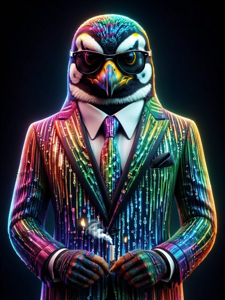 glowing colorful mad-mtrx penguin in a suit with aviator sunglasses smoking a joint<lora:Colorful_Matrix_SDXL:1.0>, (masterpiece:1.2), best quality, (hyperdetailed, highest detailed:1.2), high resolution textures