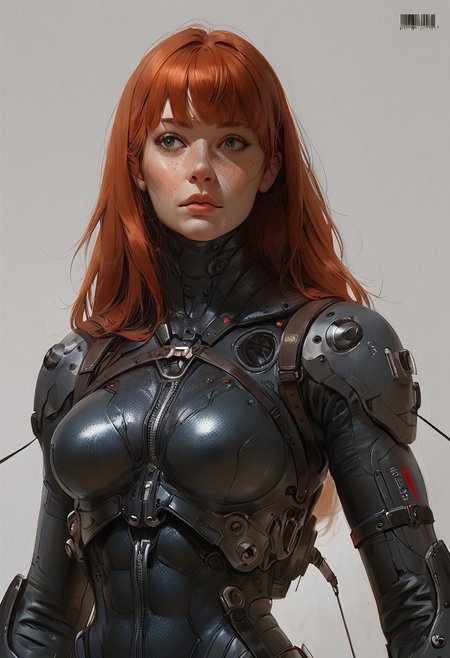 mcnm, 1girl, upper body, freckles, long hair, bangs,
medium breasts, 
mech suit, armor, synthetic, leather straps, nylon, tactical, barcode, unzipped,
simple background,
score_8, score_9_up,