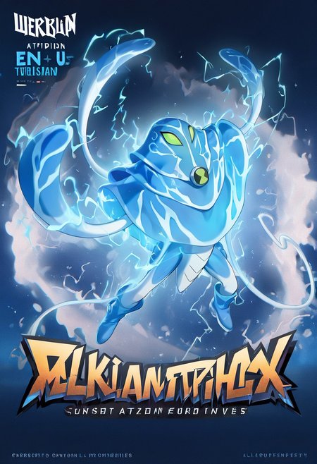 masterpiece, best quality, amazing quality, very aesthetic, absurdres, newest,, detailed background, 
 ampfibian, full body, pokemon (creature), no humans, colored sclera, green eyes, blue skin, tentacles, extra eyes, colored skin, squid, jellyfish,   no mouth, 
attacking, pokemon artwork, pokemon poster, dynamic pose, electric attack, blue electricity,