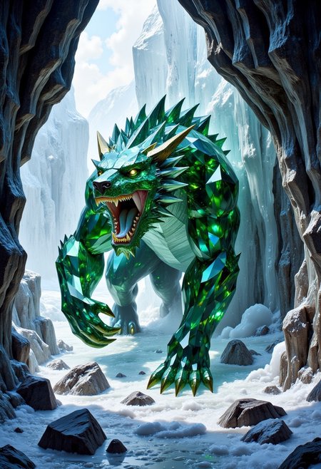 FluxEpicDragon, a crystalline bear made of cut green emeralds and blue diamond gemstones with subsurface scattering and light transmission, in a beastly stance, roaring with large fangs, monstrous and colossal, jagged gemstone fur, inside an icy cave