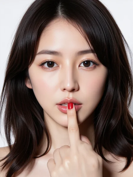 There are wonderful studio lights and various reflections,
18yo beautiful cute girl with blushing and female orgasm.skin naturally showing the texture of blood vessels and detailed pale skin,
--,
<lora:Masami_Nagasawa_f1:0.9>,she is Masami Nagasawa, --,A striking portrait of a supercute Asian model with stunning features, giving a bold and confident expression. Her long, glossy black hair cascades in soft waves around her face, highlighting her flawless, glowing skin. She has bright, expressive eyes framed by long lashes, and her lips are full and slightly parted, emphasizing her natural beauty. The model is holding her finger up to her lips in a playful yet defiant gesture, with her manicured nails painted a vibrant red. The lighting is bright and clean, casting a soft glow on her face, enhancing her delicate features. The overall mood is both daring and elegant, blending a sense of beauty with an edgy attitudeï¼A soft erotic atmosphere, the light evokes sexual desire.