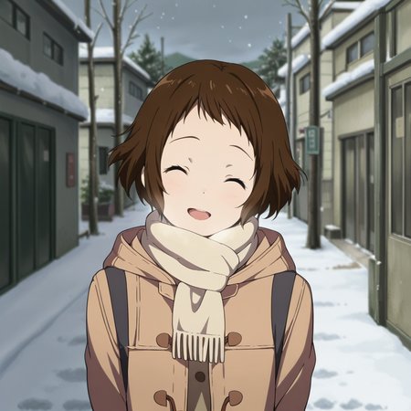 masterpiece, best quality, amazing quality, 1girl, solo, kotenbu_series_lbara_mayaka, standing, closed eyes, brown hair, short hair, smile, scarf, open mouth, coat, facing viewer, ^ ^, :d, outdoor, snow, street, <lora:Ibara_Mayaka_-_Kotenbu_Series:0.7>