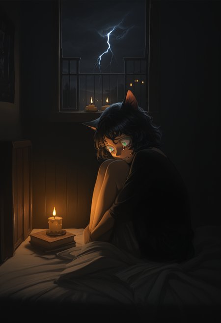 painterly, artist:[caravaggio|adam de coster|yoneyama mai|cursedweeboo|daodtt|diao \(nrays\)|ravine bells],
1girl, cat girl, cat ears, scared, sweatdrop, hugging own legs, sitting in the corner, from side, tears, long eyelashes, colored eyelashes, indoors, window, dark, night, candle, [|storm clouds, a flash of lightning brightly illuminates the dark room, books strewn about, messy, bookcase, posters, bed, discarded clothing:0.1], 
newest, impasto, brushstroke, impressionism, chiaroscuro, oil painting \(medium\), newest, absurdres, masterpiece, very aesthetic