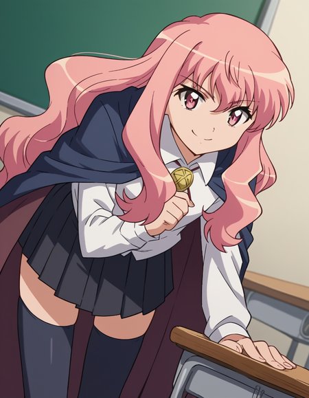score_9, score_8_up, score_7_up, source_anime,
louisefrancoiseleblancdelavalliere, <lora:louise-francoise-le-blanc-de-la-valliere-s3-ponyxl-lora-nochekaiser:1>,
louise francoise le blanc de la valliere, long hair, pink hair, pink eyes, sidelocks,
skirt, thighhighs, cape, zettai ryouiki, long sleeves, shirt, white shirt, collared shirt, black skirt, pleated skirt,
indoors, classroom, bent over, smile,
looking at viewer, cowboy shot, solo, dutch angle