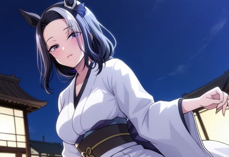18 years old ,women,solo,1girl,nsfw,
rmnsd, horse girl, multicolored hair, streaked hair, ear ornament, mole under eye saimin.il,
saimin, tsubaki,  white clothes, white kimono, 
clothed girl, kimono,