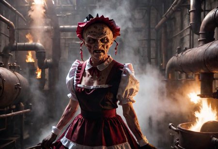 4k, Cinematic style of (Freddy Krueger:1) wearing (maid costume:1.2), holding a skull, old boiler room, old pipes leaking steam, old cellar. god rays, Shallow depth of field,  vignette,  highly detailed, high res, high budget,  bokeh,  Cinemascope,  moody,  epic,  gorgeous