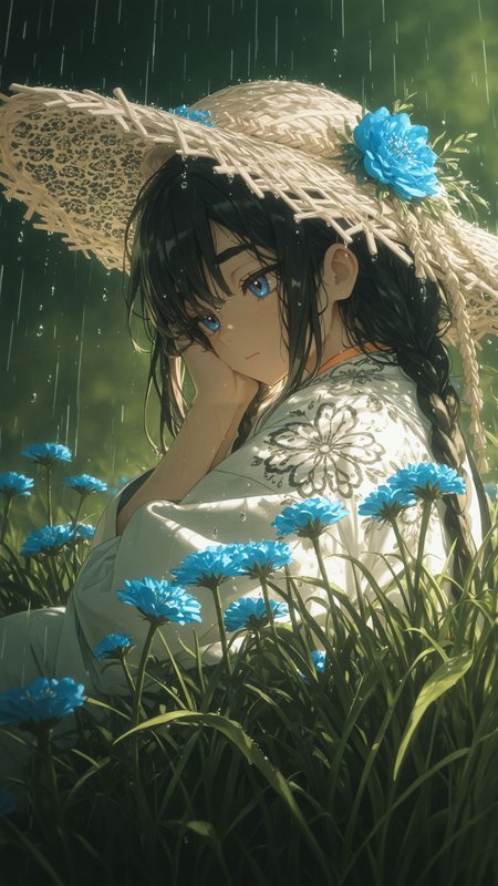 1girl, <lora:KonYa666:1> kony4666, <lora:add-detail-xl:1>,
masterpiece,best quality,
long hair, black hair, front braids, hair behind ear, loose hair strands, thick eyebrows, blue eyes, detailed eyes, traditional white outfit, white kimono, intricate colorful embroidery, floral lining, traditional straw hat adorned with blue flowers, 
sitting in the rain, melancholic, thoughtful expression, raindrops falling gently, wet grass, wet leaves, soft lighting. water drops, reflective water drops, green nature background, depth of field, 
serene,   introspective atmosphere, cinematic composition, highly detailed, rich color palette, vibrant tones, earthy tones, 
view from the side, looking away