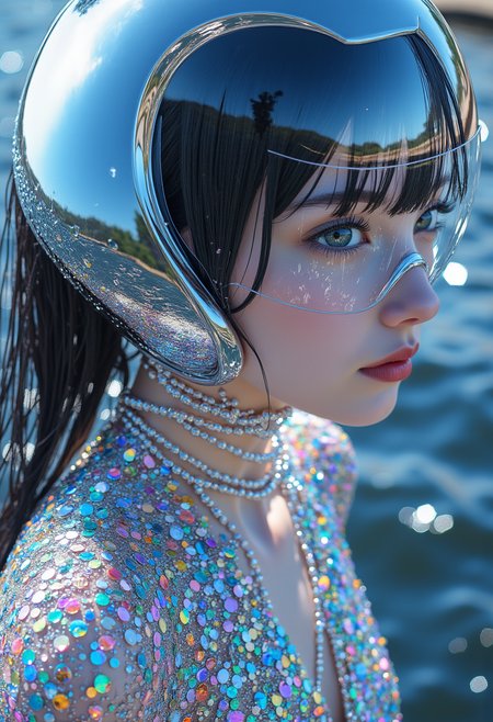 < aidmaMJ6.1 >, A masterpiece of (idol girl) style created by the collaboration of Shinji Higuchi and Makoto Shinkai.    The main objects are sliced at intervals along a diagonal, with each interval featuring a different material: the first material is steel, and the second is beads; the remaining materials are those that the main object would originally have.The photograph captures "aidmaMJ6.1," a stunning idol girl rendered in the iconic style of Shinji Higuchi and Makoto Shinkai, from an unconventional aerial perspective. The image is diagonally sliced into two distinct sections: the upper half showcasing a sleek, metallic steel texture, while the lower half features delicate beads shimmering with iridescent light.From this unique viewpoint, you first see the idol girl's top half transformed into a smooth, glossy surface of steel, reflecting the vibrant colors and lights of the environment. The metal surface is almost mirror-like, allowing the viewer to catch glimpses of the background in distorted reflections, adding an element of depth and mystery.Below the steel section, the idol girl’s lower body is depicted with intricate beads arranged in a swirling pattern that mimics both fluid motion and static beauty. These beads vary in size, color, and texture, creating a dynamic interplay of light and shadow as they catch the light from different angles.The diagonal cut enhances the visual impact by dividing the subject into contrasting elements: the cold, hard steel and the warm, soft beads. This juxtaposition not only highlights the unique collaboration between Shinji Higuchi and Makoto Shinkai but also draws attention to the interplay of materials and textures in a single image.The background, though slightly blurred due to the angle and distance, hints at a dreamy, ethereal landscape typical of Shinkai's works, featuring flowing water or gentle mist, adding an otherworldly ambiance to the composition. The overall effect is both surreal and captivating, emphasizing the blend of futuristic and traditional aesthetics that characterizes this collaborative masterpiece.    HD32K, hyperdetailed, best quality.