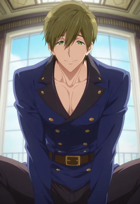 masterpiece, best quality, , anime screencap, anime coloring, , looking at viewer, 1boy, solo, male focus, <lora:makoto_tachibana_ilxl:0.96>, makoto_tachibana, brown hair, green eyes, hair between eyes, tachibana makoto, panorama, mont saint michel, light, spread legs, naughty smile, day of the dead costume