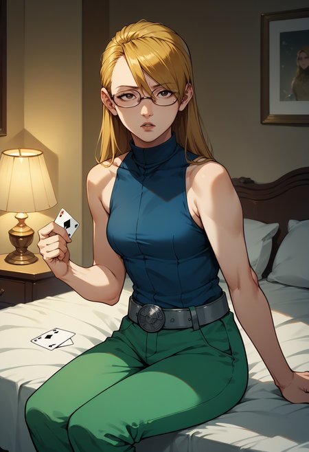 score_9, score_8_up, score_7_up, 1girl, sitting, thinking, parted lips, holding playing card, on bed, <lora:AdrianAA-pdxl:1> andrews, blonde hair, long hair, asymmetrical bangs, brown eyes, glasses, sleeveless shirt, blue shirt, turtleneck, grey belt, green pants, indoors, hotel room, lamp