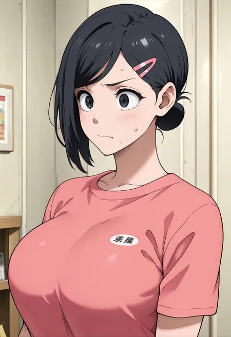 masterpiece,best quality,amazing quality, <lora:sakamoto_aoi_ilxl_goofy:1> sakamoto aoi,black hair,black eyes,hairclip,single sidelock,   1girl, solo, shirt, sweatdrop, upper body, indoors, short sleeves, pink shirt, t-shirt, large breasts