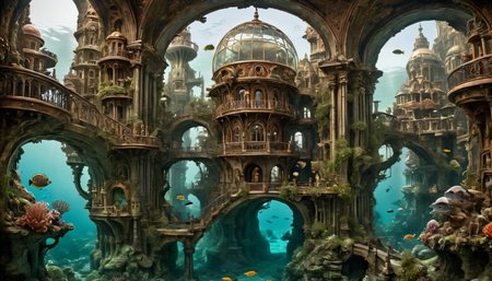 <lora:SDXL_under_water_Sa_May:1>  (intricate details, masterpiece, best quality: 1.4), distanced shot, a large under water city with glass domes and balconies,  natural stone bridges connect buildings, vibrant colored fish and coral, seaweed, underground building,  <lora:zavy-cntrst-sdxl:1> . Antique, mechanical, brass and copper tones, gears, intricate, detailed