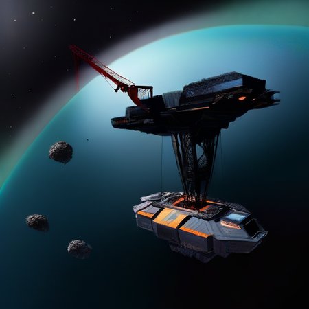 In the mining operation within Odysset's rings, massive platforms and interconnected structures sprawl across the cosmic expanse. Bright floodlights cut through the darkness, revealing workers clad in rugged space suits maneuvering among towering cranes and robotic arms. Transport vessels dart back and forth against the backdrop of the star-studded void, ferrying payloads of ore to processing facilities stationed on nearby asteroids. The scene is a symphony of activity amidst the celestial silence, with the distant glow of the planet Odysset providing a serene backdrop to the bustling industrial operation., BREAK, (sci-fi, futuristic, space, asteroid:1.4), BREAK, <lora:detailed_notrigger:1>,   <lora:Expanse_Science_Fiction_Comic_Style_SDXL:1> expnscom
