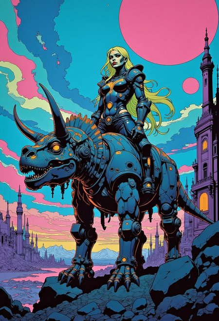 A thick, muscular orc queen with glowing war paint, standing proudly on top of a colossal techno-triceratops, its mechanical armor gleaming with neon highlights. The orc woman’s cybernetic battle suit tightly hugs her wide hips and large posterior, her long neon hair flowing freely behind her. Her armor, a mix of tribal designs and futuristic chrome, glows in the dark. Behind her, the twisted remains of a once-thriving space colony stand silhouetted against a sky filled with swirling psychedelic auroras. The scene is electrified by the hum of distant machines and the eerie glow of neon signs.
,big butt, booty, bubble butt,