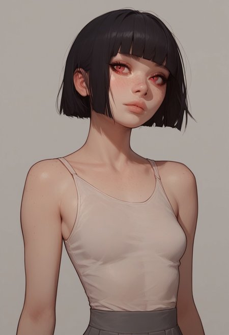 score_9, score_8_up, score_7_up, score_6_up, score_5_up, score_4_up, (1girl, 18 years old, sexy small breasts, skinny,  sexy young face, red eyes, black hair, bob haircut, fringe, pookies, small outline under skirt, freckles, ,) close up, extremely detailed face, slutty,